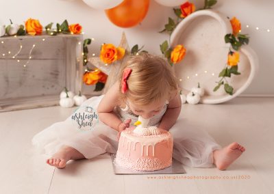 Second Birthday, Cake Smash, Orange, Gold, Balloon Garland, Ashleigh Shea Photography, Bromley, London