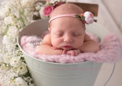 Babys breath, roses, pink roses, white roses, floral, bucket, vintage chair, barn doors, baby girl, newborn, ashleigh shea photography, bromley, kent