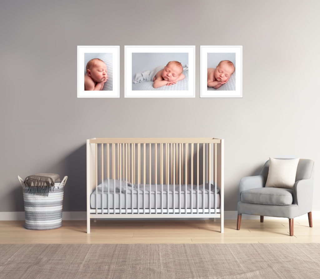 portrait created by ashleigh shea photography of Bromley Kent displayed on the walls of a grey nursery, paid with Klarna